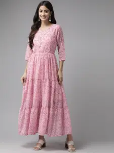 Aarika Pink Floral Print Georgette Fit & Flare Maxi Dress
