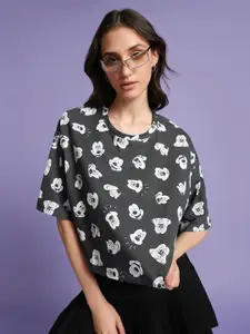 Bewakoof Grey Mickey Mouse Round Neck Drop-Shoulder Cotton Oversized T-shirt