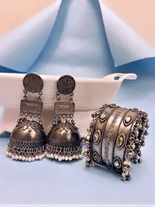 Atibelle German Silver Plated Kundan Studded Drop Earrings & Bracelet