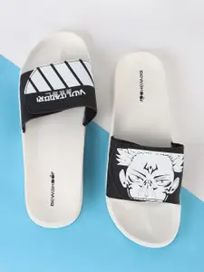 Bewakoof Men White & Black Yuji Itadori Printed Velcro Rubber Sliders