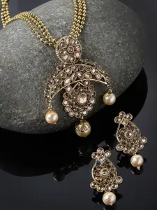 Sukkhi Gold-Plated Stone-Studded & Pearls Beaded Multistring Long Necklace Jewellery Set