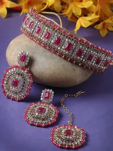 Sukkhi Gold-Plated Kundan-Studded & Pearl Beaded Choker Traditional Necklace Jewellery Set