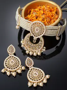 Sukkhi Gold-Plated Kundan & Pearls Beaded Choker Necklace Jewellery Set