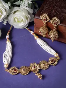 Sukkhi Gold-Plated Stone Studded & Beaded Choker Necklace Jewellery Set