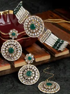 Sukkhi Gold-Plated Kundan-Studded & Beaded Necklace With Earrings And Maang Tika