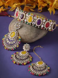 Sukkhi Gold-Plated Stone-Studded & Beaded Necklace With Earrings And Maang Tika