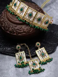 Sukkhi Gold-Plated Beads & Stone-Studded & Beaded Necklace With Earrings And Maang Tika