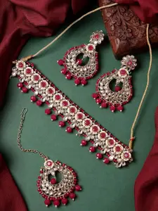 Sukkhi Gold-Plated Kundan-Studded & Beaded Necklace With Earrings And Maang Tika