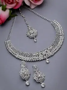 Sukkhi Rhodium-Plated American Diamond-Studded Necklace With Earrings And Maang Tika