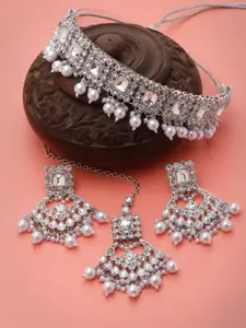 Sukkhi Rhodium-Plated Kundan-Studded Necklace With Earrings And Maang Tika
