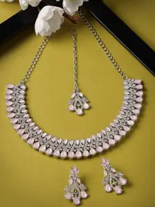 Sukkhi Rhodium-Plated American Diamond -Studded Necklace With Earrings And Maang Tika