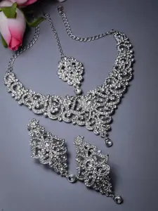 Sukkhi Rhodium-Plated American Diamond-Studded Necklace With Earrings And Maang Tika