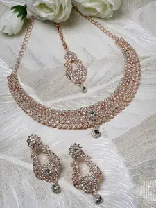 Sukkhi Rose Gold-Plated American Diamond-Studded Necklace With Earrings And Maang Tika