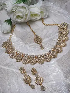 Sukkhi Gold-Plated American Diamond Stone-Studded Necklace With Earrings And Maang Tika