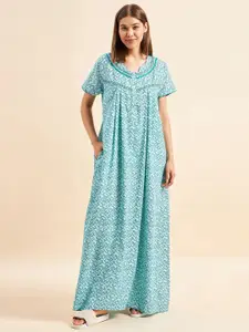 Sweet Dreams Green Floral Printed Pure Cotton Maxi Nightdress