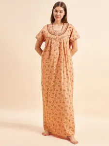 Sweet Dreams Orange Floral Printed Pure Cotton Maxi Nightdress