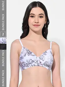 FIMS Pack Of 2 Floral Printed Full Coverage Lightly Padded Bra With All Day Comfort
