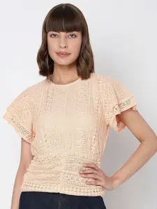 Vero Moda Self Design Flutter Sleeves Ruched Cotton Top
