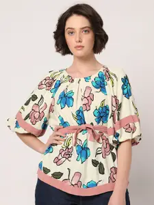 Vero Moda Floral Printed Puffed Sleeves Waist Tie-Ups A-Line Top