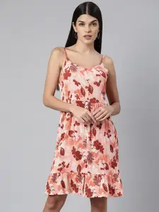 ANI Beige & Brown Floral Printed Shoulder Straps Gathered Tiered A-Line Dress