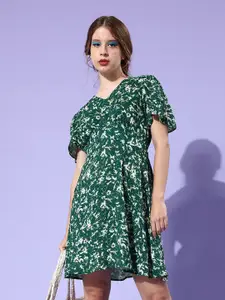 ANI Green Floral Printed V-Neck Flared Sleeve Gathered Fit & Flare Dress