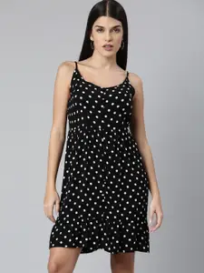 ANI Black Polka Dots Printed Shoulder Straps Gathered Tiered A-Line Dress