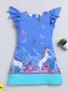 YK Navy Girls Conversational Printed Flutter Sleeve A-Line Dress