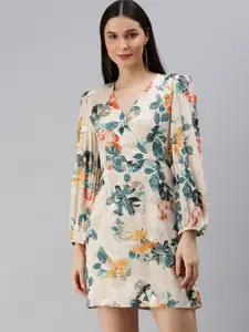 ANI Beige & Green Floral Printed V-Neck Puff Sleeve Gathered A-Line Dress