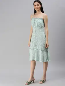 ANI Sea Green Floral Printed Shoulder Straps Gathered Tiered A-Line Dress