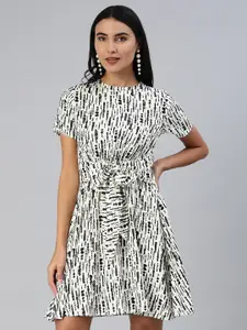 ANI White Abstract Printed Round Neck Tie-ups A-Line Dress