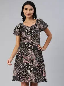 ANI Black & Pink Floral Printed Sweetheart Neck Puff Sleeve Gathered A-Line Dress