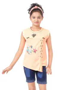 BAESD Girls Printed Top With Denim Shorts