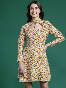 DressBerry Floral Print Tie-Up Neck Cut-Out Fit & Flare Mini Dress