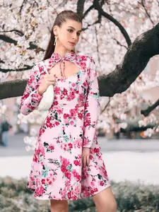 DressBerry Floral Print Tie-Up Neck A-Line Mini Dress