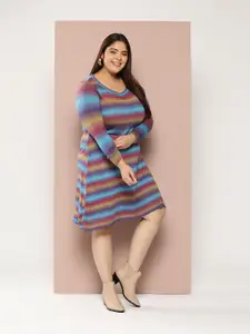 Sztori Plus Size Acrylic Striped Winter Dress