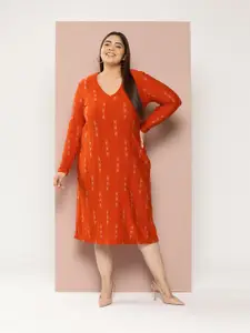 Sztori Plus Size Geometric Woven Design Knitted A-Line Midi Dress