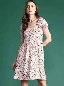 DressBerry Print Puff Sleeve A-Line Dress