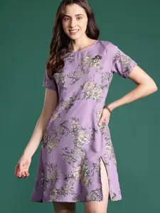 DressBerry Floral Print Round-Neck A-Line Dress with Slit Detail