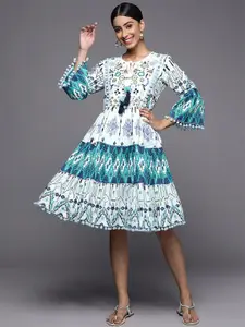 Indo Era Ethnic Motifs Printed Bell Sleeves Gathered Cotton Fit & Flare Dress