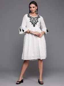 Indo Era Embroidered Bell Sleeves Gathered Cotton A-Line Dress