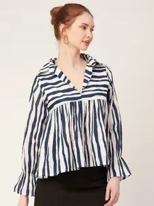 Moomaya Striped Shirt Collar Bell Sleeves A-Line Cotton Top