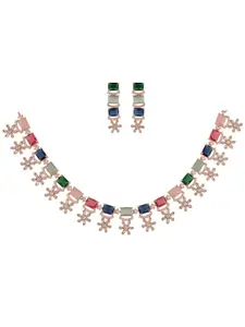 RATNAVALI JEWELS Rose Gold-plated CZ-studded Necklace & Earrings
