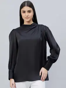 First Resort by Ramola Bachchan Classic Mock Neck Cuffed Sleeves Gathered Regular Top