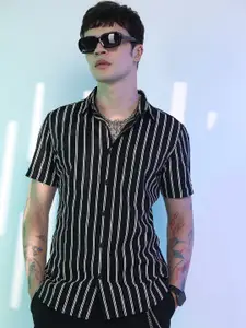 HIGHLANDER Black Slim Fit Striped Casual Shirt