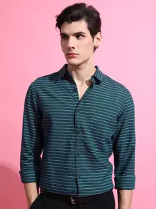HIGHLANDER Green Slim Fit Horizontal Striped Casual Shirt