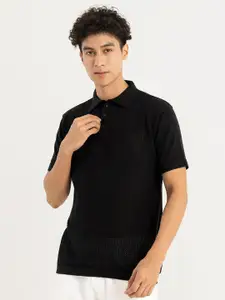 Snitch Black Polo Collar Cotton Slim Fit T-shirt