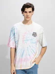 Snitch White Tie & Dyed Drop Shoulder Oversized Cotton T-shirt