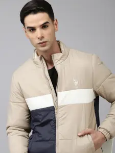 U.S. Polo Assn. Men Beige White Colourblocked Padded Jacket