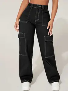 Next One Women Black Smart Wide Leg High-Rise Clean Look Stretchable Jeans