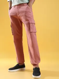 Campus Sutra Mens Pink Relaxed Regular Fit Cotton Joggers Trousers